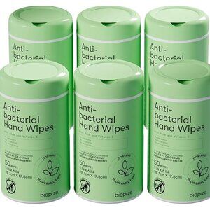 Lot of 6 Biopure Anti-Bacterial Hand Wipes, 50 ct. in each Canister Total 300